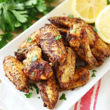Golden air fryer lemon pepper wings served on a white plate with fresh lemon slices