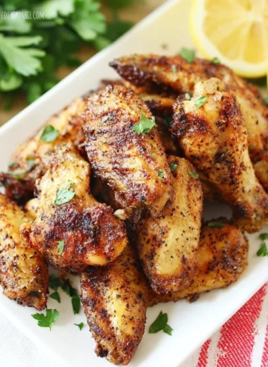 Golden air fryer lemon pepper wings served on a white plate with fresh lemon slices