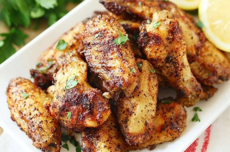 Golden air fryer lemon pepper wings served on a white plate with fresh lemon slices