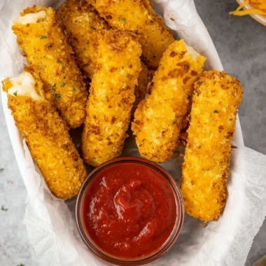Golden brown air fryer mozzarella sticks with a gooey cheese filling