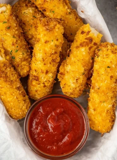 Golden brown air fryer mozzarella sticks with a gooey cheese filling