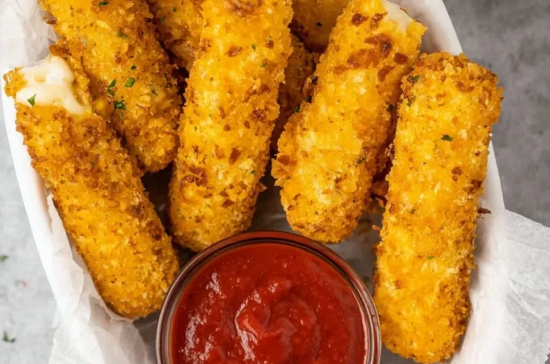Golden brown air fryer mozzarella sticks with a gooey cheese filling
