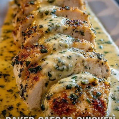 Baked Caesar Chicken topped with creamy parmesan sauce on a plate.