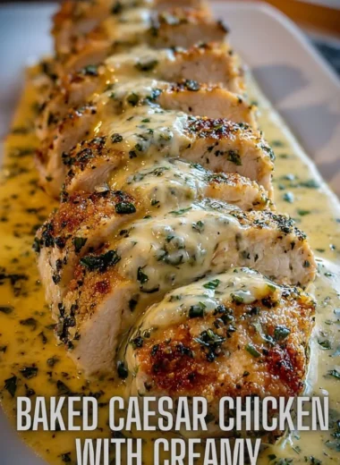 Baked Caesar Chicken topped with creamy parmesan sauce on a plate.