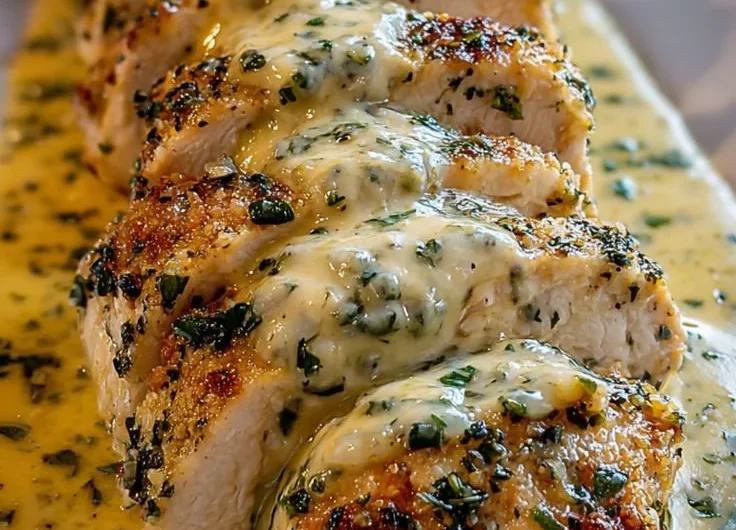 Baked Caesar Chicken topped with creamy parmesan sauce on a plate.