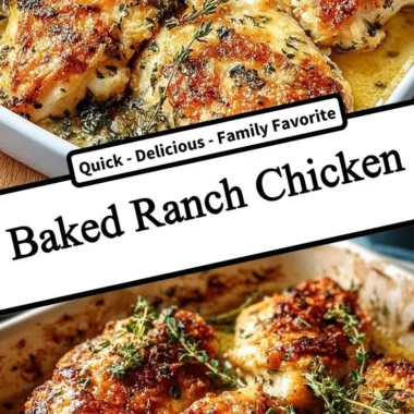 Delicious Baked Ranch Chicken garnished with herbs on a white plate