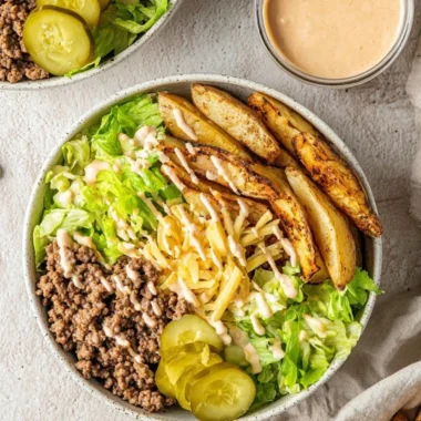 Delicious Burger Bowls topped with fresh vegetables and savory sauces.