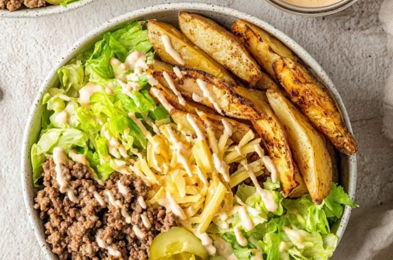 Delicious Burger Bowls topped with fresh vegetables and savory sauces.