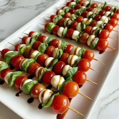 Delicious Caprese skewers with mozzarella, cherry tomatoes, and fresh basil leaves.