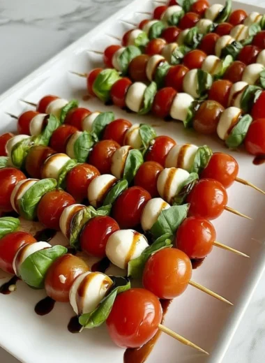 Delicious Caprese skewers with mozzarella, cherry tomatoes, and fresh basil leaves.
