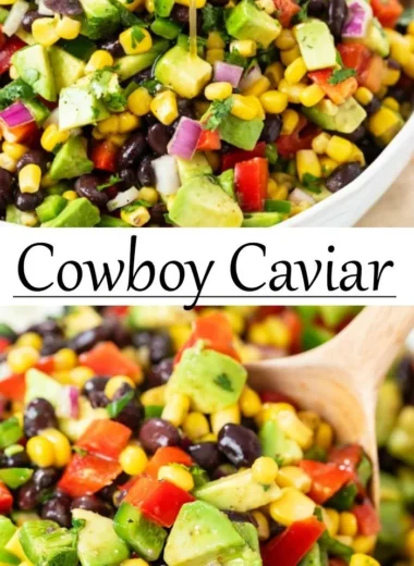 Bowl of vibrant Cowboy Caviar, a tasty and healthy dip made with beans, veggies, and spices.