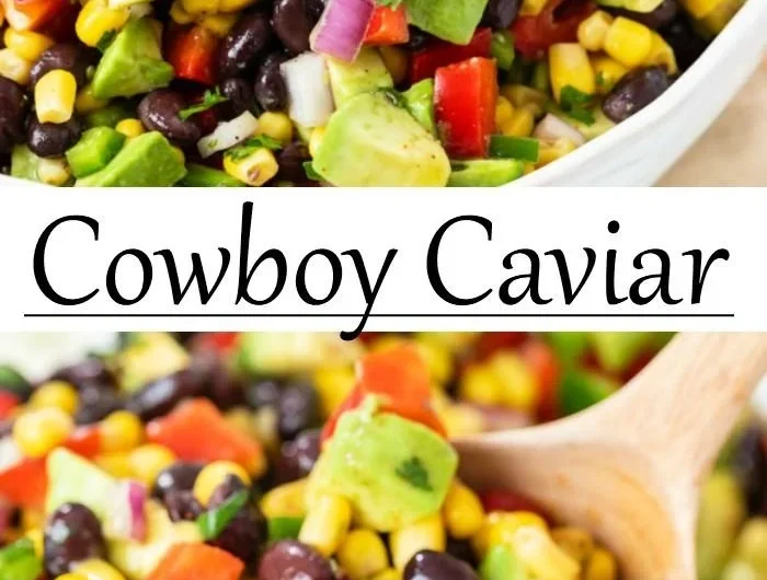 Bowl of vibrant Cowboy Caviar, a tasty and healthy dip made with beans, veggies, and spices.
