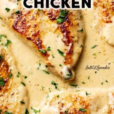 Creamy garlic parmesan chicken dish served in a skillet