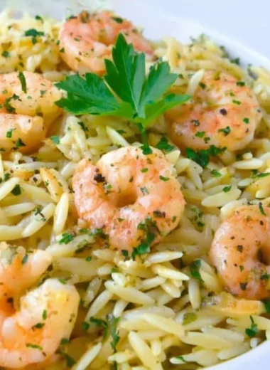 Plate of easy and delicious shrimp scampi orzo garnished with parsley