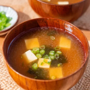 Bowl of easy gluten-free miso soup with green onions and tofu