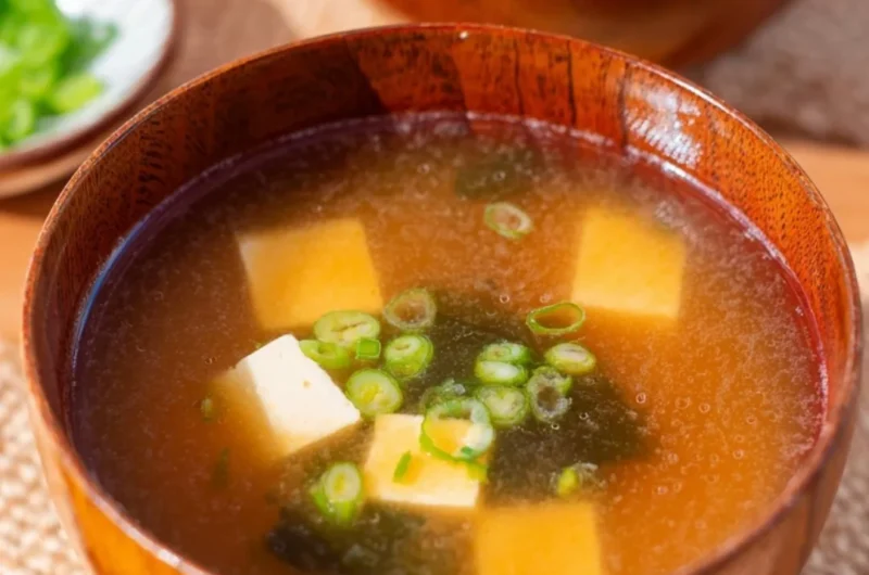 Bowl of easy gluten-free miso soup with green onions and tofu