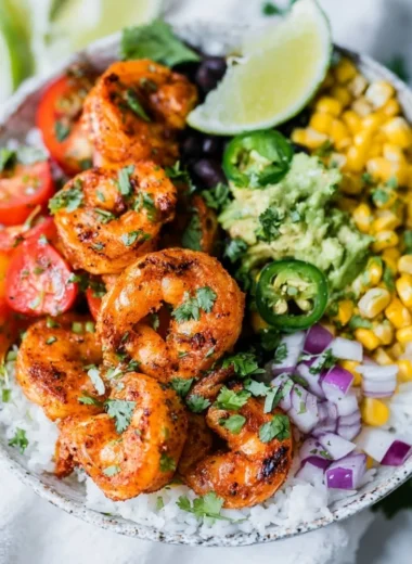 Vibrant Fiesta Lime Shrimp Bowl with zesty shrimp, rice, and veggies