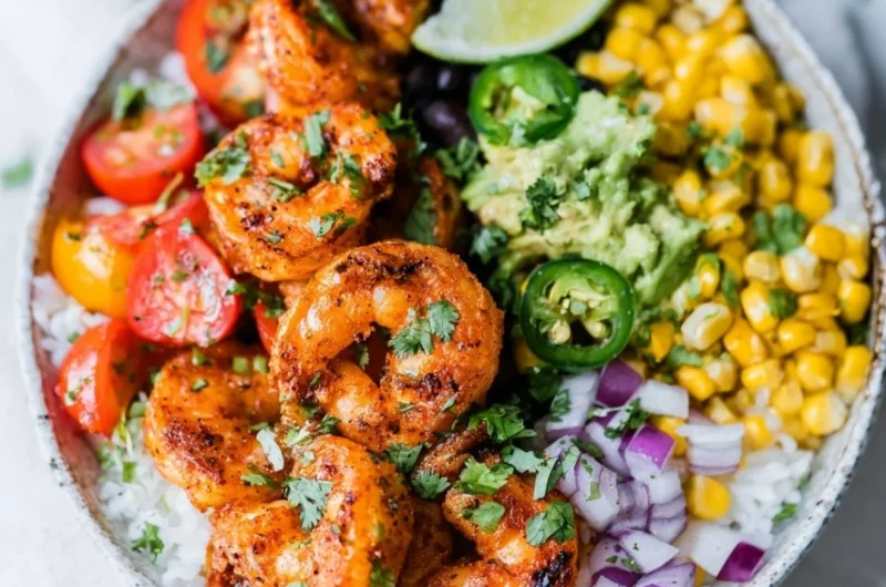 Vibrant Fiesta Lime Shrimp Bowl with zesty shrimp, rice, and veggies