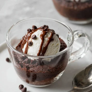 Fudgy brownie mug cake in a microwave-safe mug topped with chocolate chips.