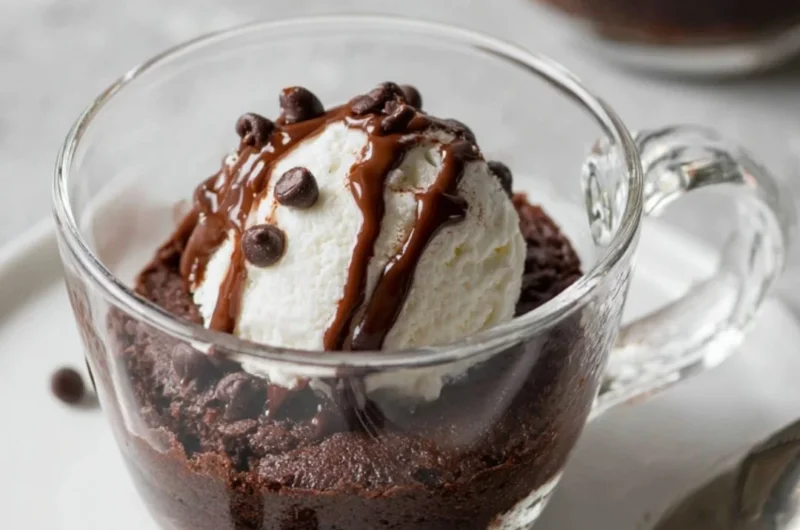 Fudgy brownie mug cake in a microwave-safe mug topped with chocolate chips.