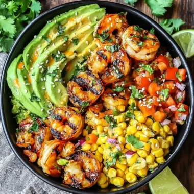 Grilled shrimp bowl with avocado, corn salsa, and creamy garlic sauce on a plate