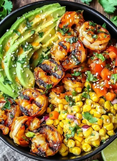 Grilled shrimp bowl with avocado, corn salsa, and creamy garlic sauce on a plate