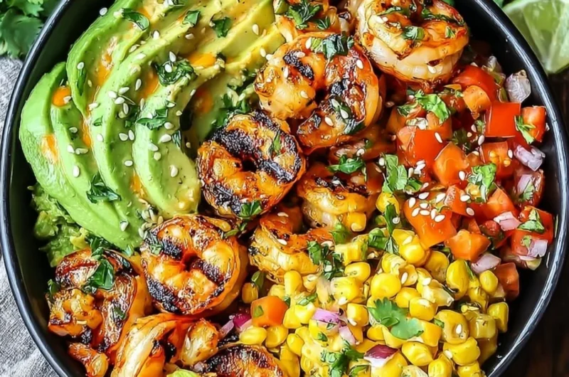 Grilled shrimp bowl with avocado, corn salsa, and creamy garlic sauce on a plate