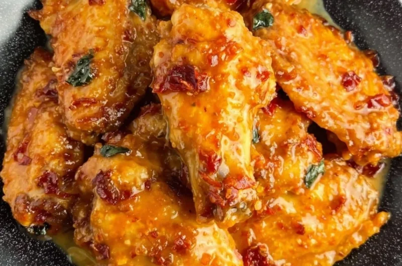 Plate of golden Honey Garlic Chicken Wings garnished with green onions