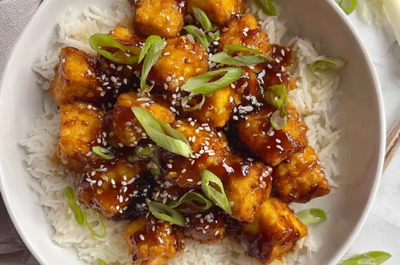 Plate of Honey Garlic Tofu garnished with green onions and sesame seeds.
