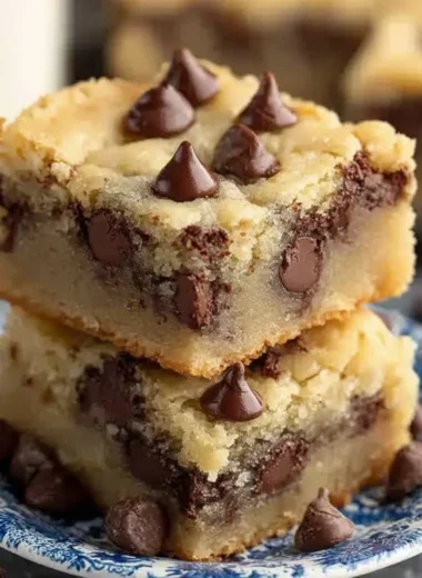 Melt-in-your-mouth chocolate chip cookie bars on a plate