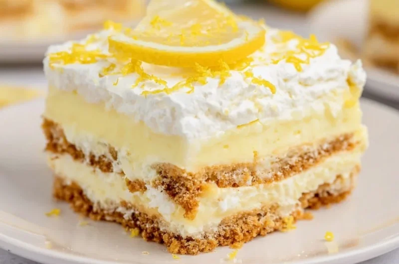 Refreshing no-bake lemon icebox cake garnished with lemon slices and mint