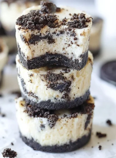 Oreo cheesecake bites on a plate with chocolate drizzle