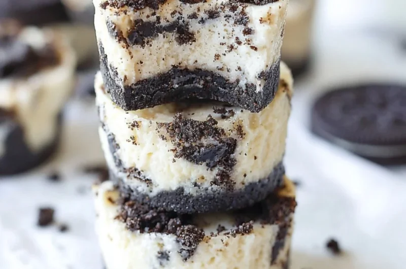 Oreo cheesecake bites on a plate with chocolate drizzle