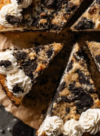 Delicious Oreo Cookie Cake topped with cream and crushed Oreos