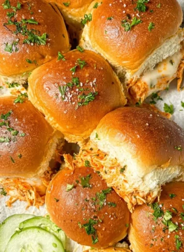 Plate of spicy Buffalo chicken sliders garnished with fresh ingredients.