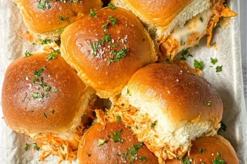 Plate of spicy Buffalo chicken sliders garnished with fresh ingredients.