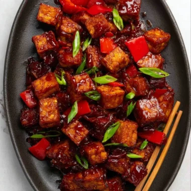 Delicious plate of Szechuan Tofu garnished with colorful vegetables