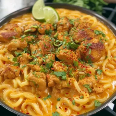 Thai-inspired coconut red curry chicken served with udon noodles