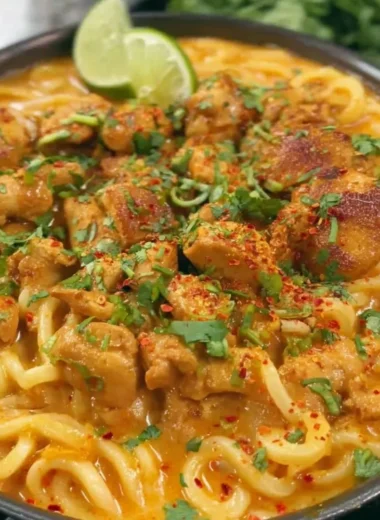 Thai-inspired coconut red curry chicken served with udon noodles