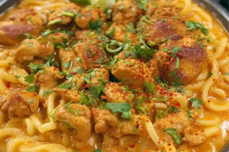 Thai-inspired coconut red curry chicken served with udon noodles