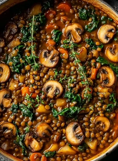 A bowl of Vegan Lentil Mushroom Stew garnished with fresh herbs.