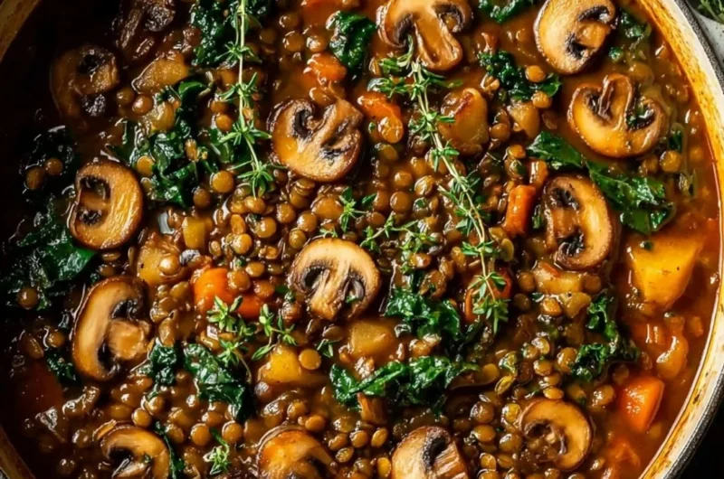 A bowl of Vegan Lentil Mushroom Stew garnished with fresh herbs.