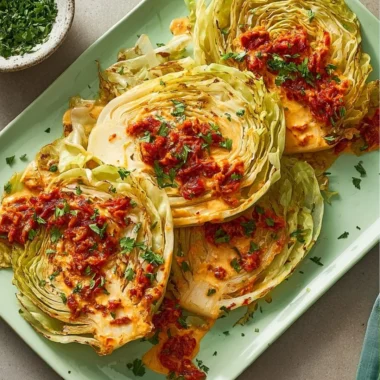 Vegetarian cabbage steaks drizzled with sun-dried tomato cream sauce on a plate