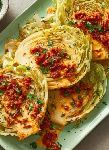 Vegetarian cabbage steaks drizzled with sun-dried tomato cream sauce on a plate