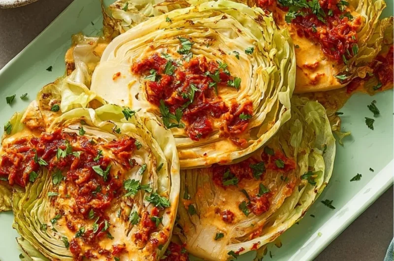 Vegetarian cabbage steaks drizzled with sun-dried tomato cream sauce on a plate