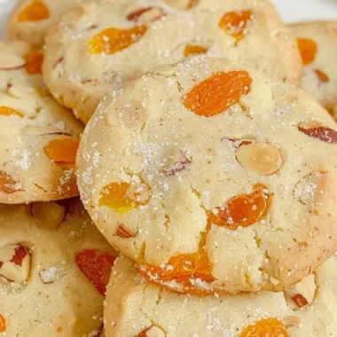 Apricot Almond Shortbread Cookies on a wooden table with almonds and apricots