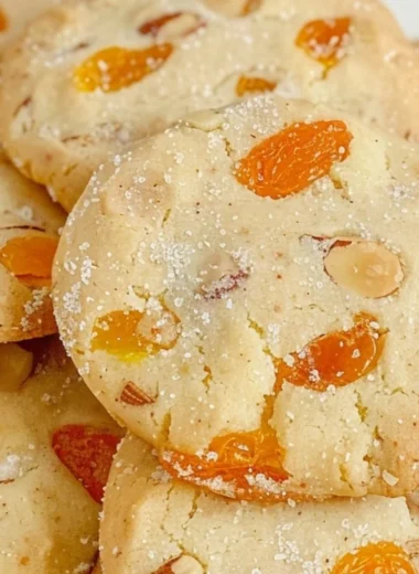 Apricot Almond Shortbread Cookies on a wooden table with almonds and apricots