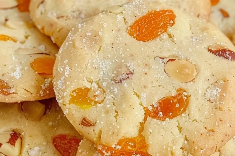 Apricot Almond Shortbread Cookies on a wooden table with almonds and apricots
