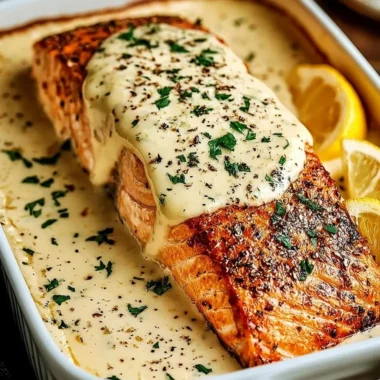 Baked Boursin Salmon with herbs on a plate, showcasing a creamy, flavorful dish.
