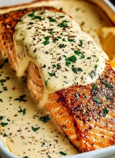 Baked Boursin Salmon with herbs on a plate, showcasing a creamy, flavorful dish.